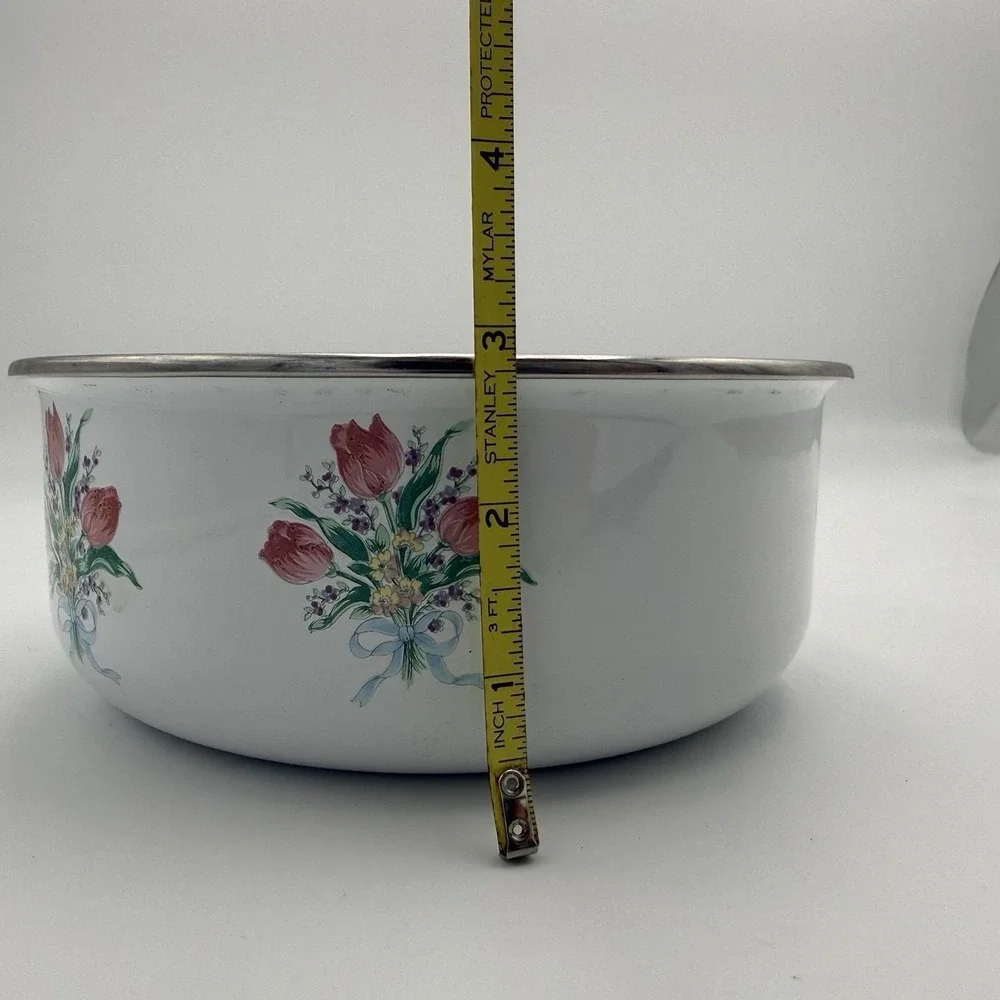 Vtg Metal Enamel Ware Nesting Mixing Bowls Set 3 Pink Floral MCM Cottage Shabby